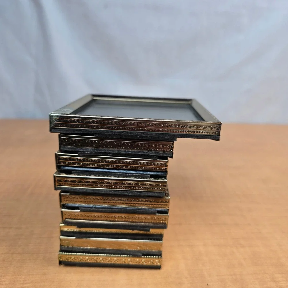 9 miniature photo picture frames with glass gold brass tone 2.5
